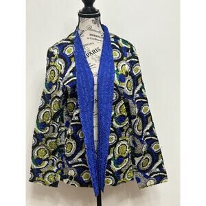 Reversible Crinkle Textured Open Front Jacket Blue & Abstract Print Size M/L